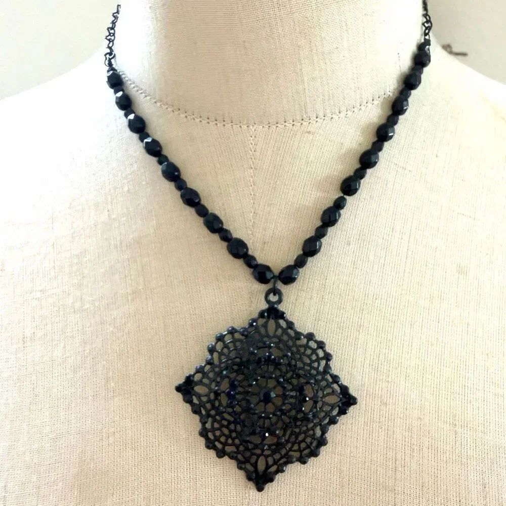 Avon Vintage Black Filigree Statement Necklace Gothic Lace Pendant
